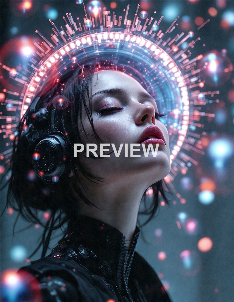 A woman with closed eyes wearing headphones, surrounded by a futuristic halo of glowing digital and neon elements, creating a sci-fi or cybernetic ambiance.